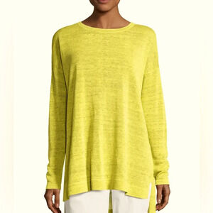 Eileen Fisher Fine Linen Crepe Boatneck Knit Sweater Top Bright Yellow Womens XS